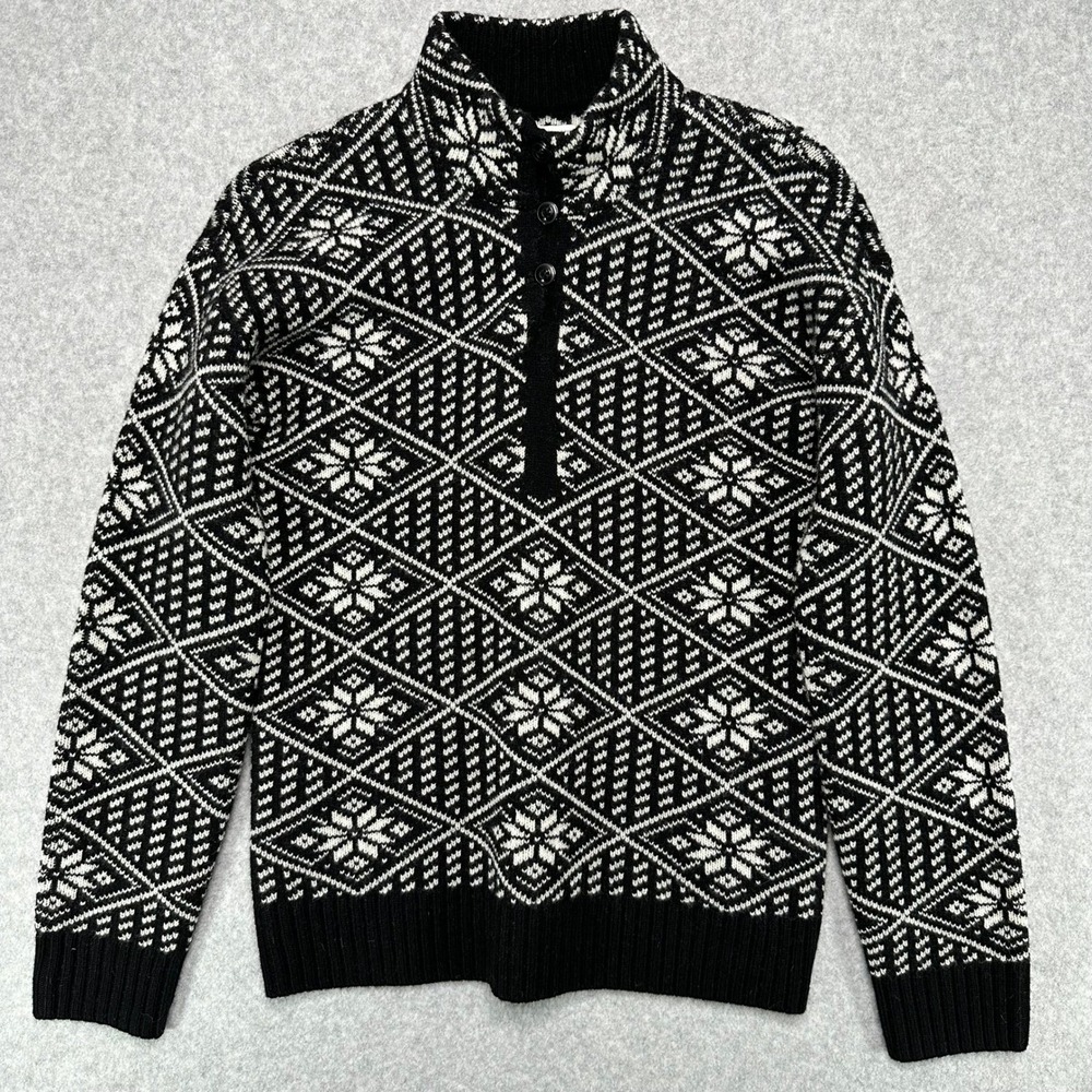 LL Bean Signature Kingfield Merino Wool Sweater, Fair Isle Black White Womens XS